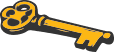 Illustration of a vintage-style yellow key with a round, ornate bow and a simple bit, viewed from an angle.