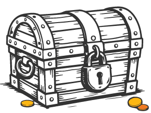 A closed wooden treasure chest with metal bands and a large padlock, resting on the ground with a few gold coins nearby.