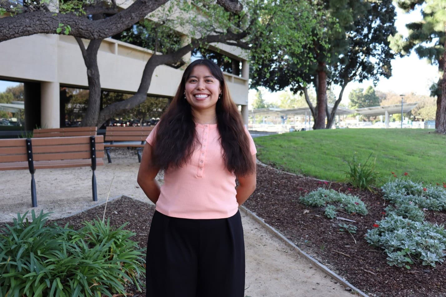 Monica Montoya smiling outdoors at Ventura College Foundation event.