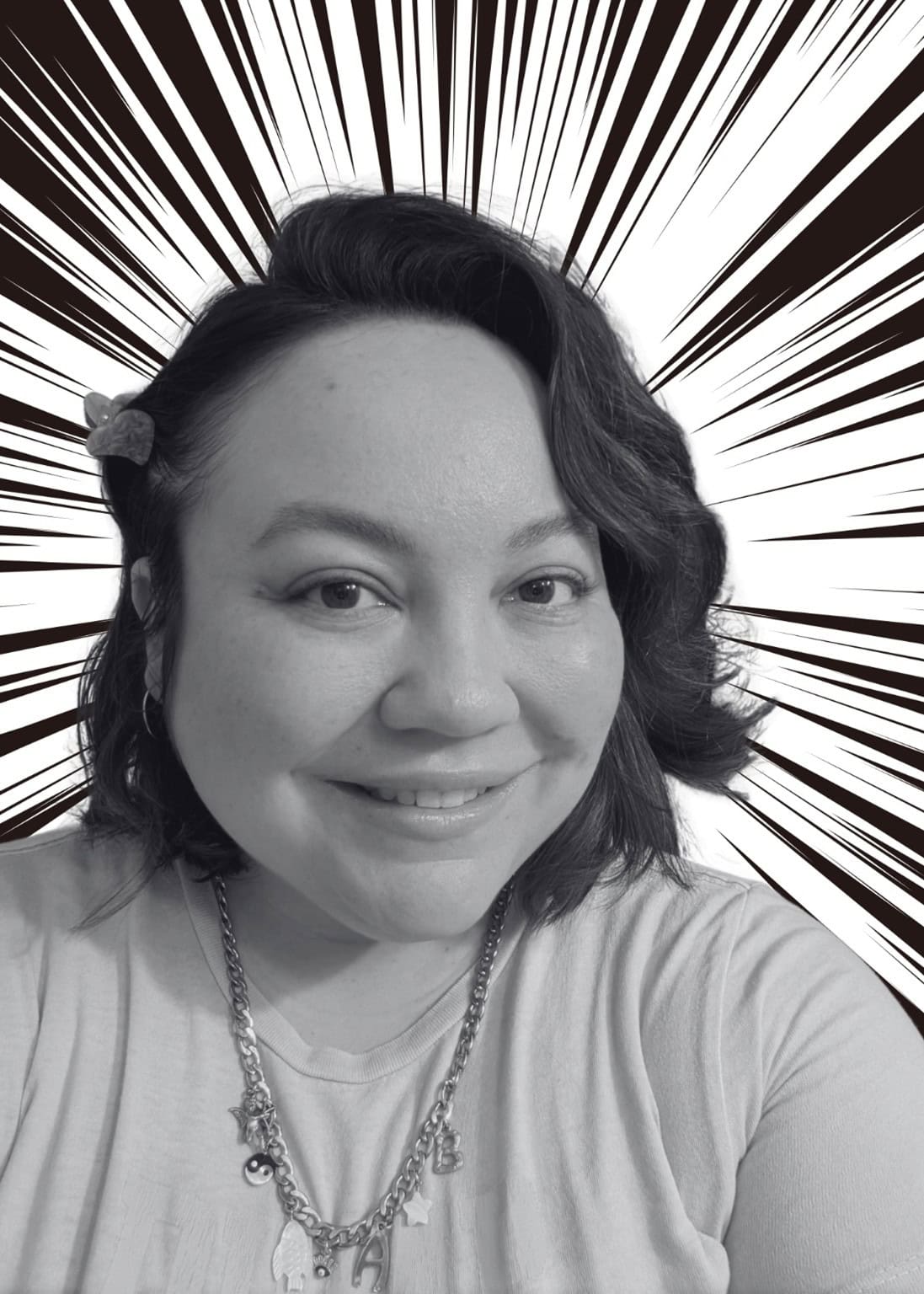 Alysha Cordova smiling, black and white portrait with dynamic background, Ventura College Foundation.