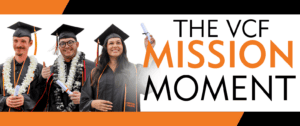 Group of diverse graduates in caps and gowns celebrating at Ventura College Foundation event.