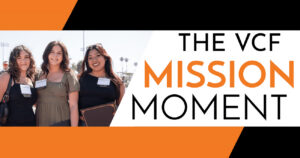 Three smiling students at Ventura College Foundation event for July Mission Moment.